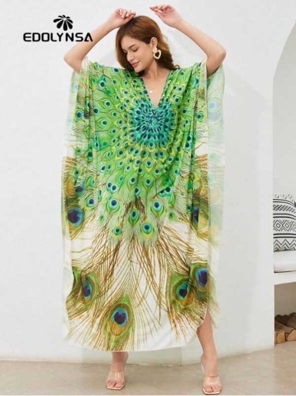 Robe caftan fendue sur les cuisses à imprimé paon, grande taille – Image 2