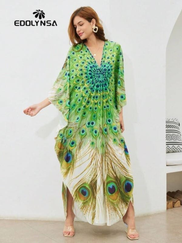Robe caftan fendue sur les cuisses à imprimé paon, grande taille – Image 3