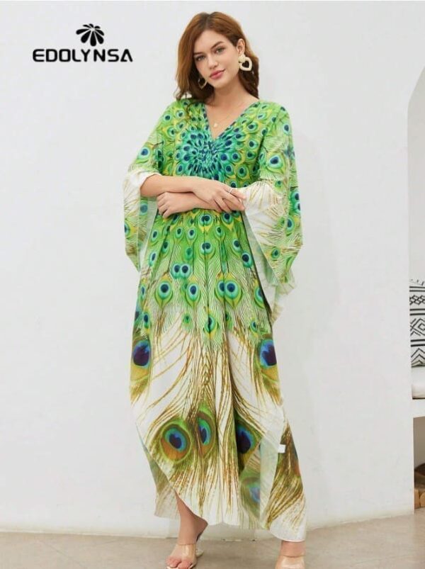 Robe caftan fendue sur les cuisses à imprimé paon, grande taille – Image 5