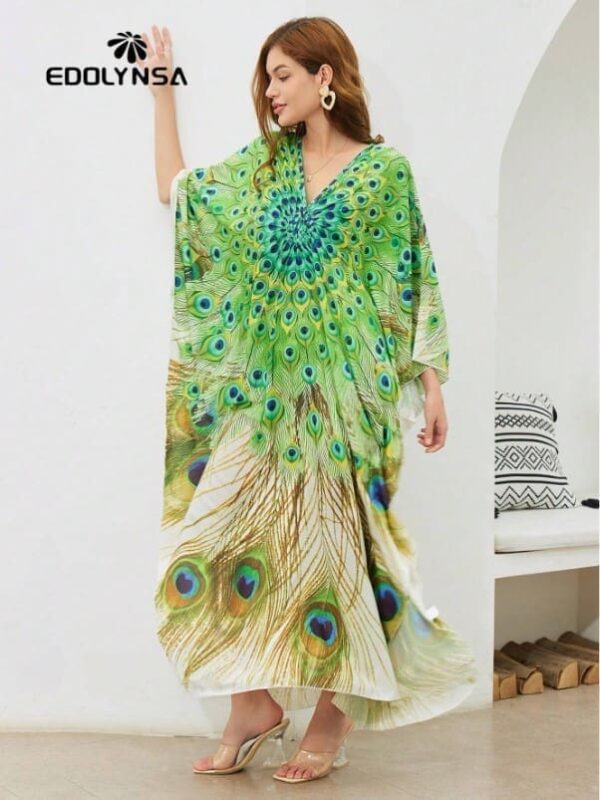 Robe caftan fendue sur les cuisses à imprimé paon, grande taille – Image 6
