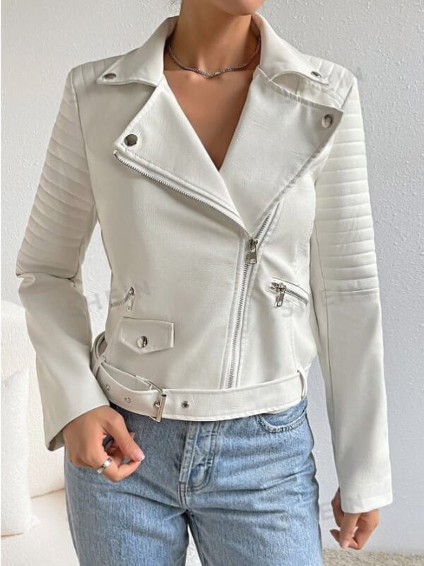 Jacket en PU avec fermeture éclair et ceinture à col à revers – Image 3