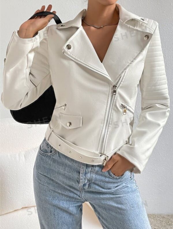 Jacket en PU avec fermeture éclair et ceinture à col à revers – Image 5