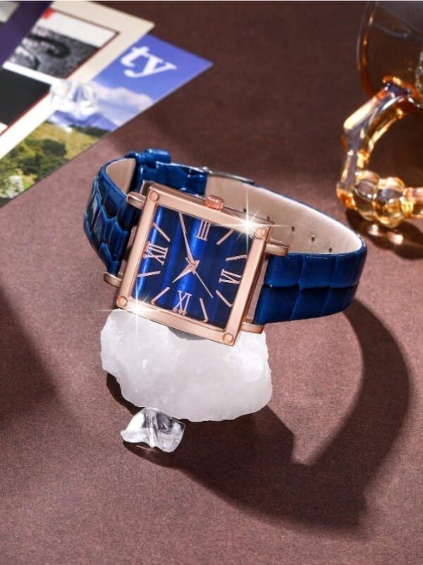 5 Pièces/Ensemble Bracelet en cuir Pu pour femmes montre à Quartz décontractée et ensemble de bijoux en strass carré – Image 8