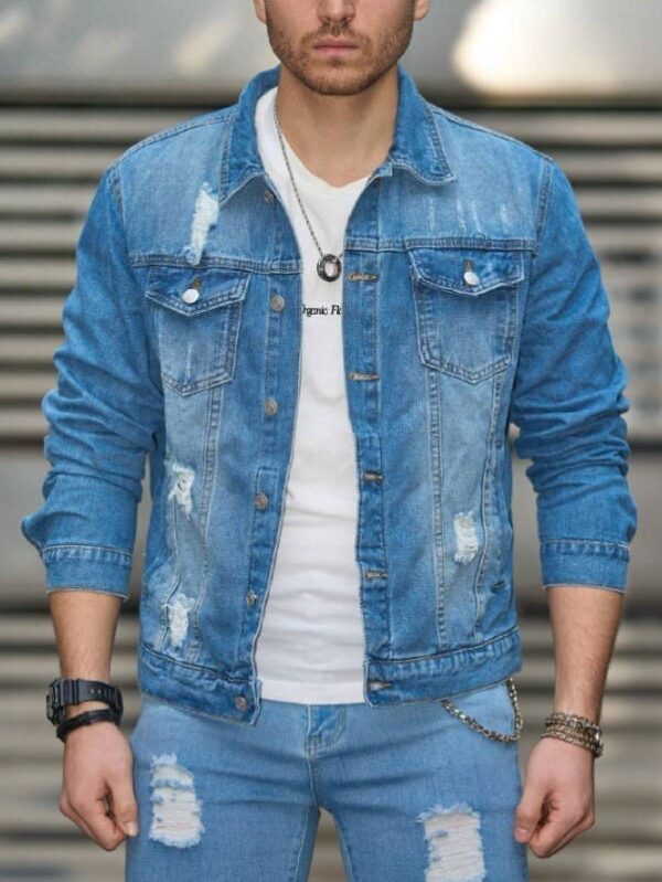 Jacket en Jean à manches longues en détresse pour hommes – Image 9