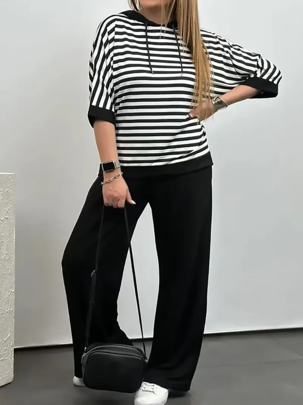 Ensemble deux pièces rayé grande taille, haut et pantalon décontractés à col ras du cou et manches mi-longues