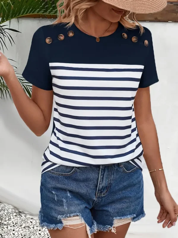 T-shirt à rayures et boutons, grande taille, décontracté, col ras du cou