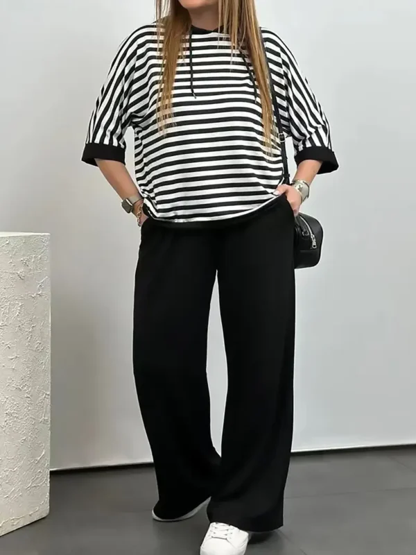 Ensemble deux pièces rayé grande taille, haut et pantalon décontractés à col ras du cou et manches mi-longues – Image 3