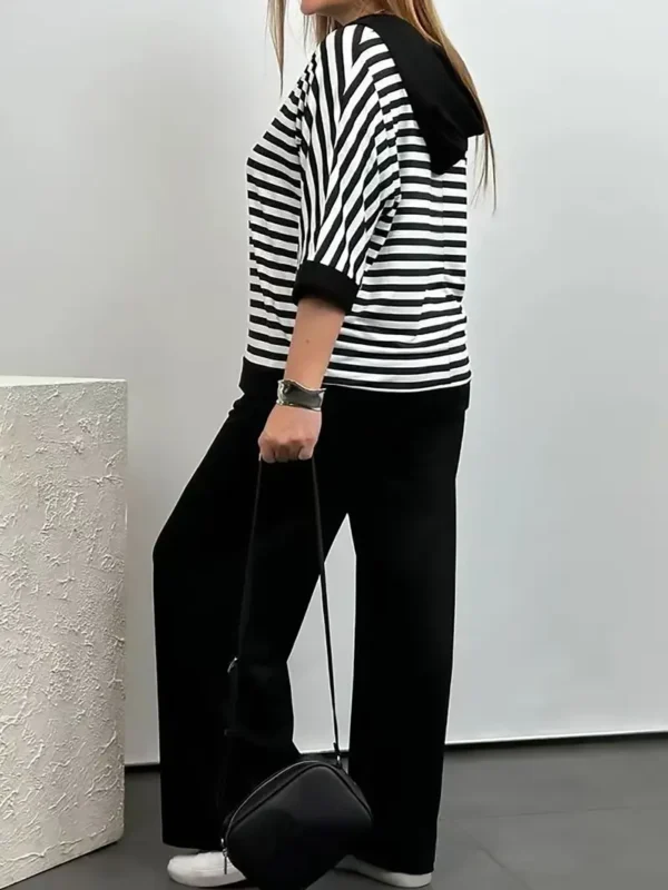Ensemble deux pièces rayé grande taille, haut et pantalon décontractés à col ras du cou et manches mi-longues – Image 4