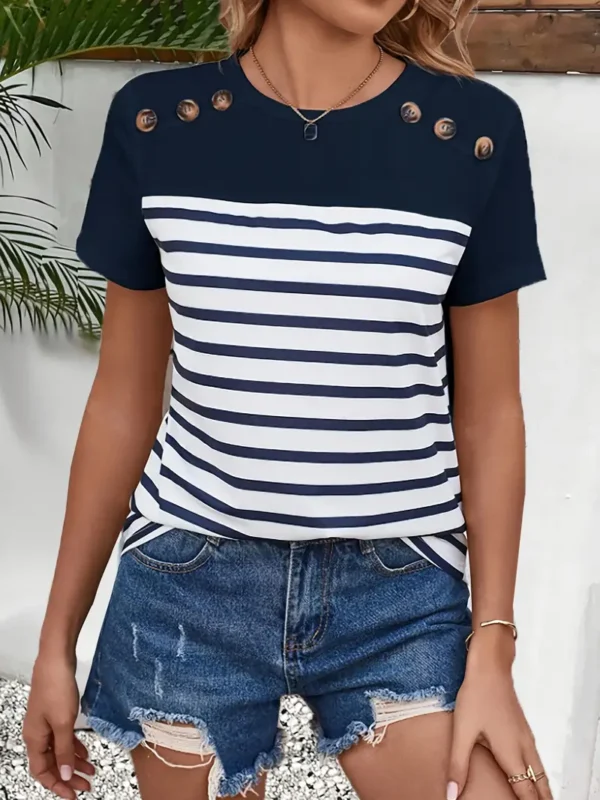 T-shirt à rayures et boutons, grande taille, décontracté, col ras du cou – Image 4