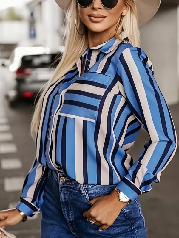 Chemisier décontracté grande taille, haut à manches longues et col à revers boutonné pour femme