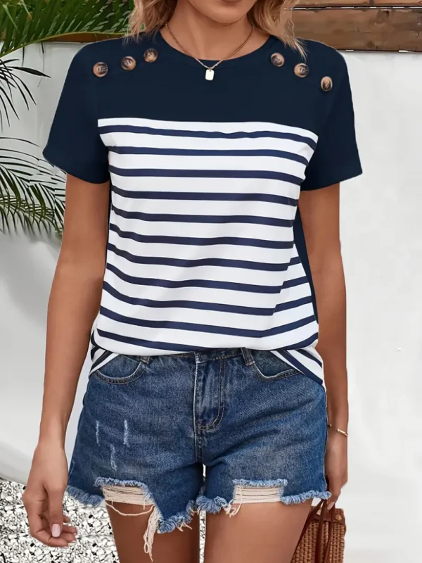 T-shirt à rayures et boutons, grande taille, décontracté, col ras du cou – Image 5