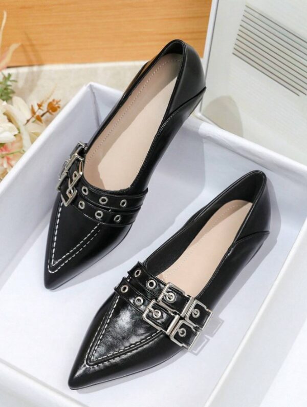 Mocassins plats pointus en cuir noir pour femme – Image 3