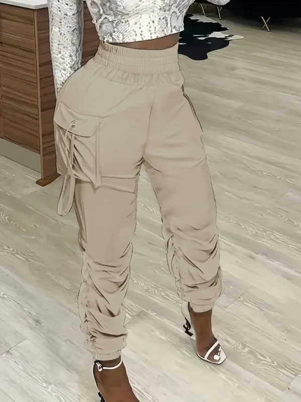 Pantalon de jogging froncé uni, pantalon cargo décontracté à taille élastique avec poche à rabat