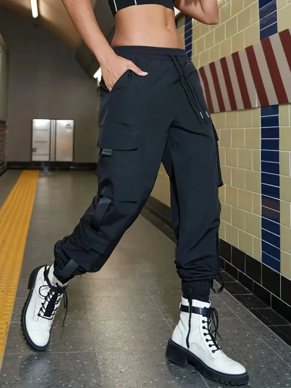 Pantalon de jogging à poches à rabat, pantalon cargo décontracté à taille élastique avec cordon de serrage, vêtements pour femmes