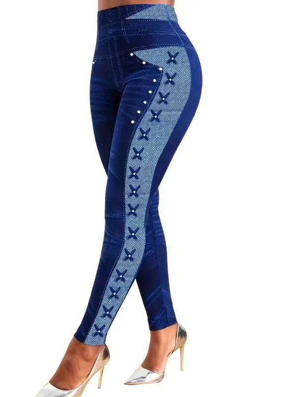 Leggings skinny en faux denim Leggings skinny en faux denim, leggings extensibles taille haute décontractés, vêtements pour femmes 8 août 2024 Kotazando