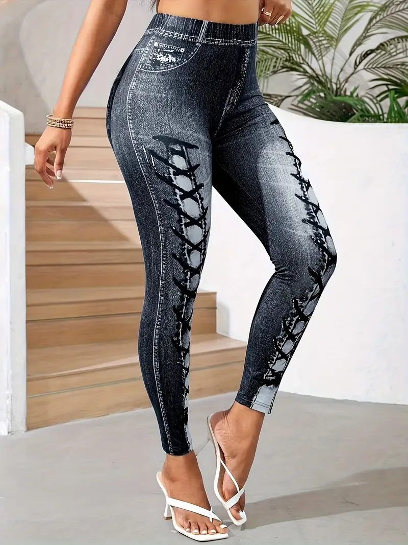 Leggings d'entraînement taille haute en faux denim imprimé, leggings skinny extensibles décontractés 2 Leggings d'entraînement taille haute en faux denim imprimé, leggings skinny extensibles décontractés