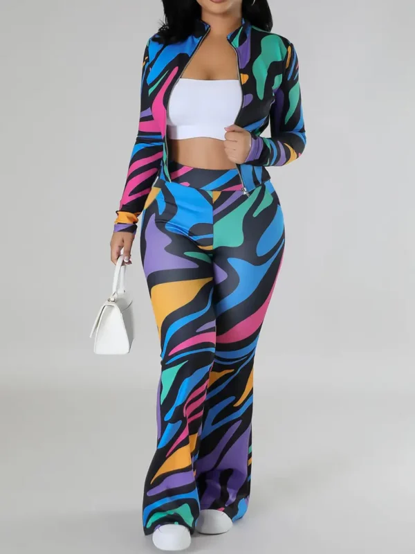 Ensemble pantalon décontracté à imprimé intégral, vêtements d'extérieur à manches longues et à taille haute avec pantalon évasé, vêtements pour femmes