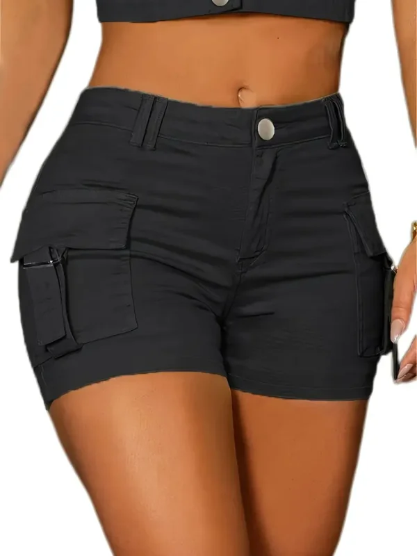 Short cargo en denim extensible uni slim fit pour femme, style décontracté avec poches, vêtements d'été à la mode