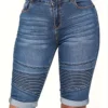 Short bermuda en denim extensible décontracté pour femme Short bermuda en denim extensible décontracté pour femme, short en denim froncé bleu délavé uni 11 août 2024 Kotazando