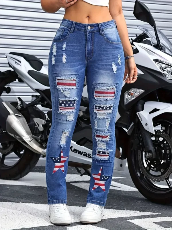 Jean brodé drapeau américain vieilli pour femme, pantalon droit en denim à poches déchirées, jean bleu délavé à moustaches