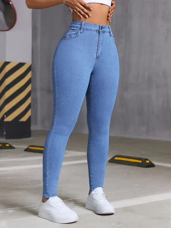 Jean taille haute en denim extensible pour femme avec coton, polyester et élasthanne, style élégant