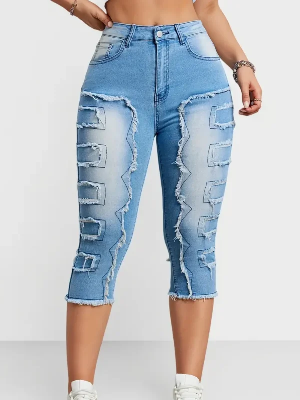 Jean Capri à coutures brutes, pantalon en denim Capri extensible à poches fendues, jeans et vêtements en denim pour femmes