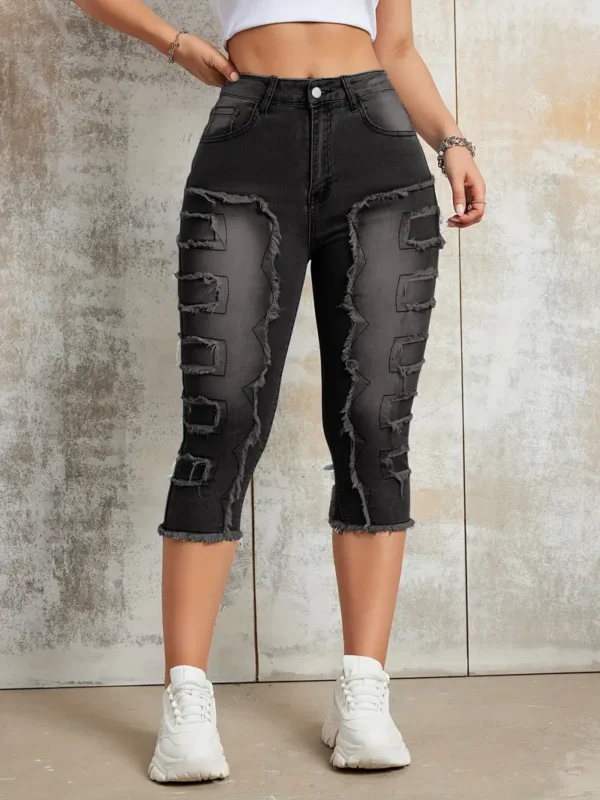 Jean Capri à coutures brutes, pantalon en denim Capri extensible à poches fendues, jeans et vêtements en denim pour femme