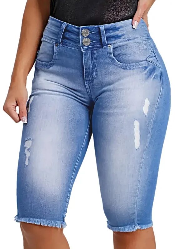 Short en jean à ourlet brut déchiré et double boutonnage, short en jean bleu délavé vieilli, jeans et vêtements en jean pour femme