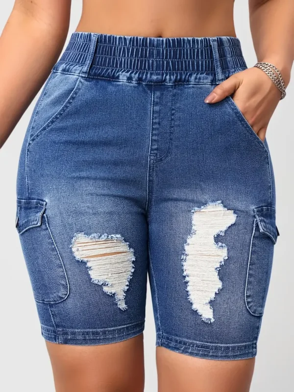 Short cargo décontracté en jean à taille élastique pour femme, bermuda en jean déchiré avec poches à rabat pour la mode estivale – Image 2