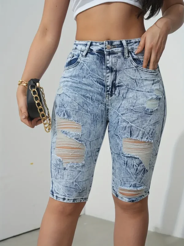 Short en jean Bermuda bleu délavé déchiré au genou, jorts très extensibles