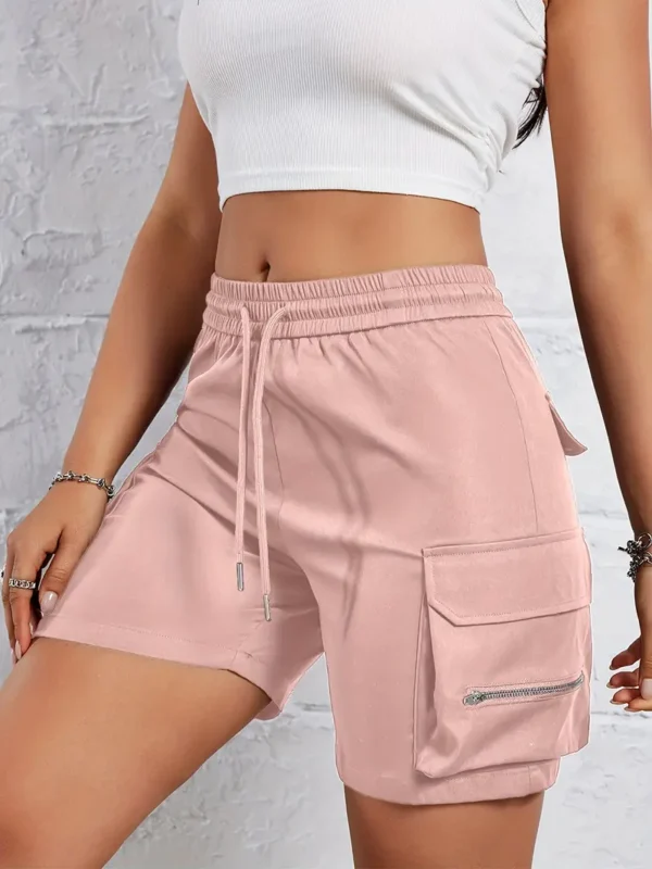 hort cargo à cordon de serrage avec poche à rabat solide, short ample taille haute élastique décontracté, vêtements pour femmes