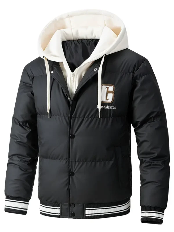 Doudoune à capuche pour homme avec patch alphabet - Manteau en tissu polyester tissé de style décontracté avec poches