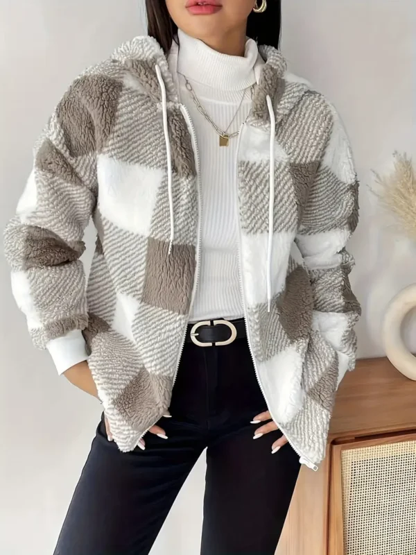 Manteau à capuche en peluche à imprimé écossais avec cordon de serrage, vêtements d'hiver polyvalents à manches longues