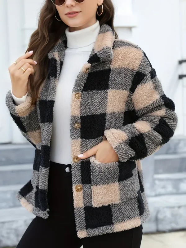 Manteau en peluche à poches plaquées à imprimé écossais, vêtements d'extérieur polyvalents à manches longues et à boutonnage simple pour l'hiver, vêtements pour femmes