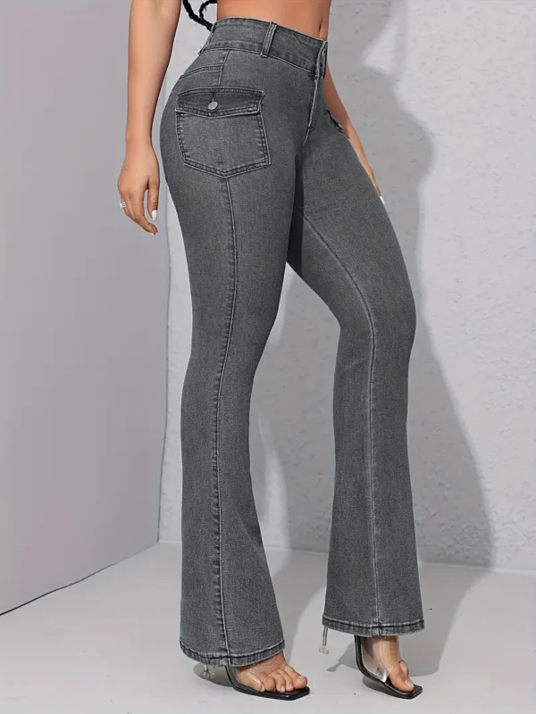 Jean bootcut polyvalent à double bouton, poches à rabat, pantalon en denim extensible, jeans et vêtements en denim pour femmes