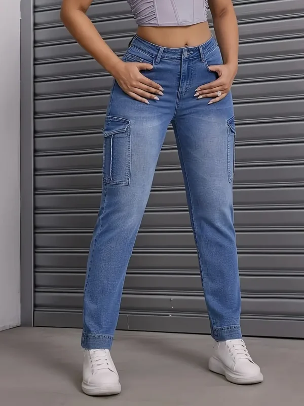 Pantalon cargo décontracté à poches à rabat, pantalon en denim délavé légèrement extensible, jeans et vêtements en denim pour femmes
