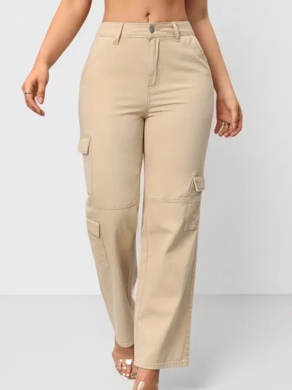 Pantalon cargo décontracté en denim pour femme avec poches, jean droit beige à longueur totale pour un usage quotidien