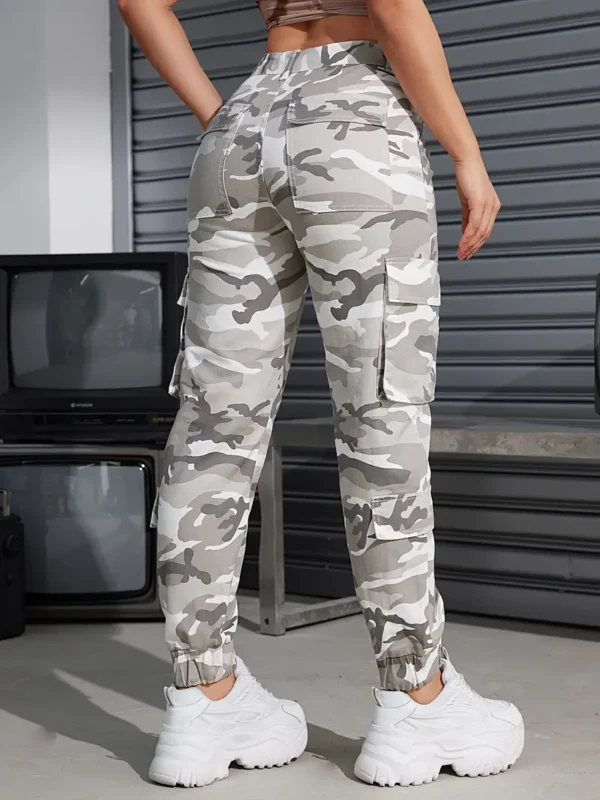 Pantalon cargo en jean pour femme avec poche à rabat latéral et taille haute, coupe ample, style streetwear, fermeture éclair et bouton, idéal pour l'automne