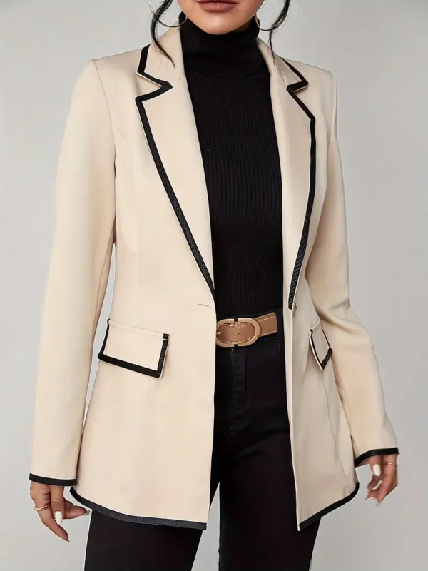 Blazer à revers cranté boutonné sur le devant, élégant blazer à manches longues avec bordure contrastée pour le bureau et le travail, vêtements pour femmes