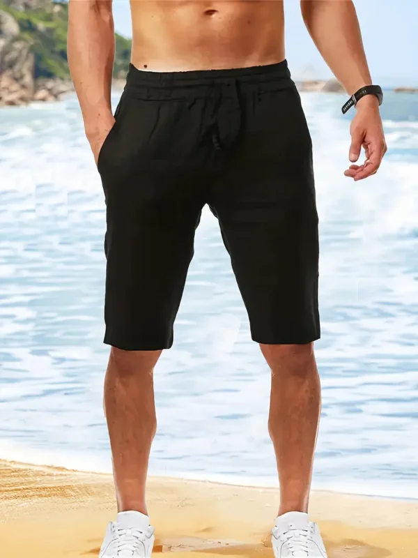Short long en pur coton uni pour homme avec cordon de serrage et poches, short confortable et respirant pour la plage d'été et les loisirs de vacances