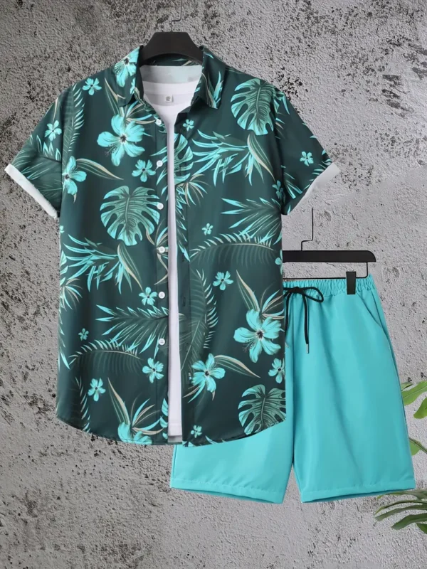 Chemise à revers hawaïenne tendance pour homme avec imprimé floral élégant et short de couleur unie
