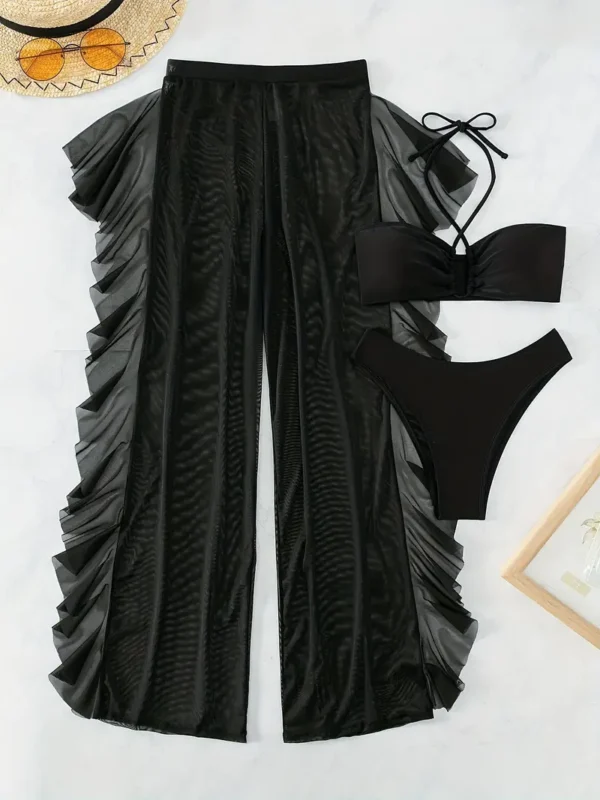 Ensemble de maillot de bain bikini 3 pièces de couleur unie, haut à col licou, bas taille basse, semi-transparent – Image 2