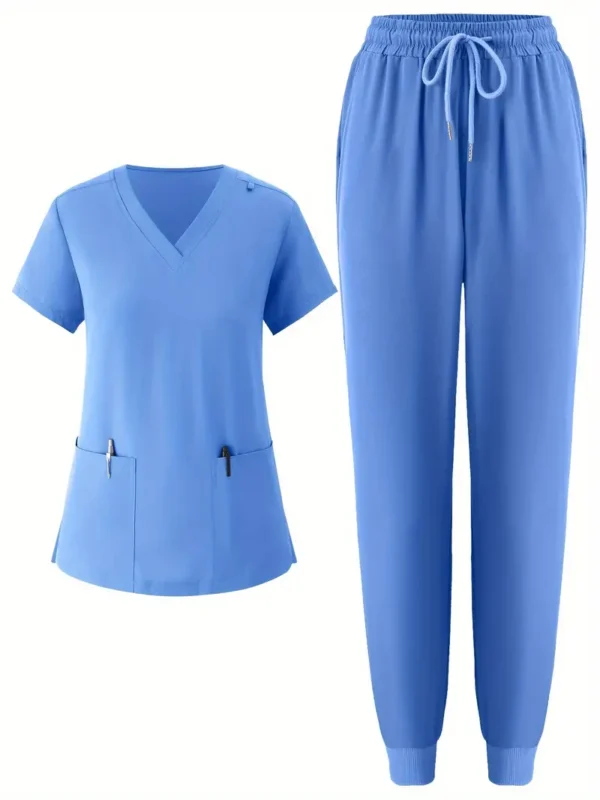 Ensemble de gommage deux pièces de couleur unie, haut à manches courtes et pantalon à cordon de serrage avec poches plaquées fonctionnelles pour soins médicaux