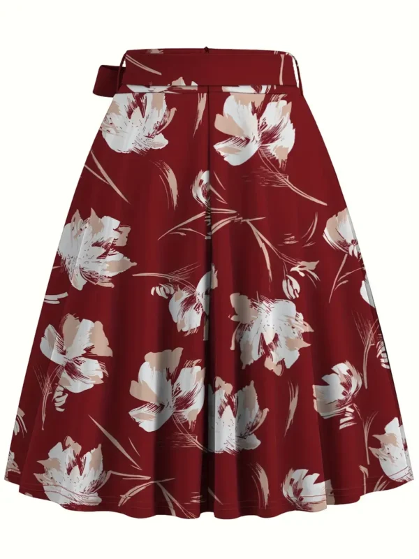 Jupe taille haute à imprimé floral Jupe taille haute à imprimé floral, jupe midi évasée élégante avec ceinture, vêtements pour femmes 6 août 2024 Kotazando