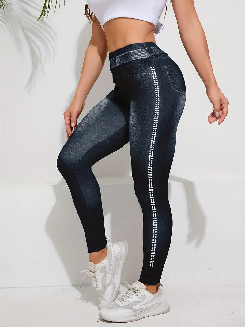 Pantalon moulant de yoga en simili-jean, legging de sport extensible pour course à pied, vêtements de sport pour femmes 4 Pantalon moulant de yoga en simili-jean, legging de sport extensible pour course à pied, vêtements de sport pour femmes – Image 3
