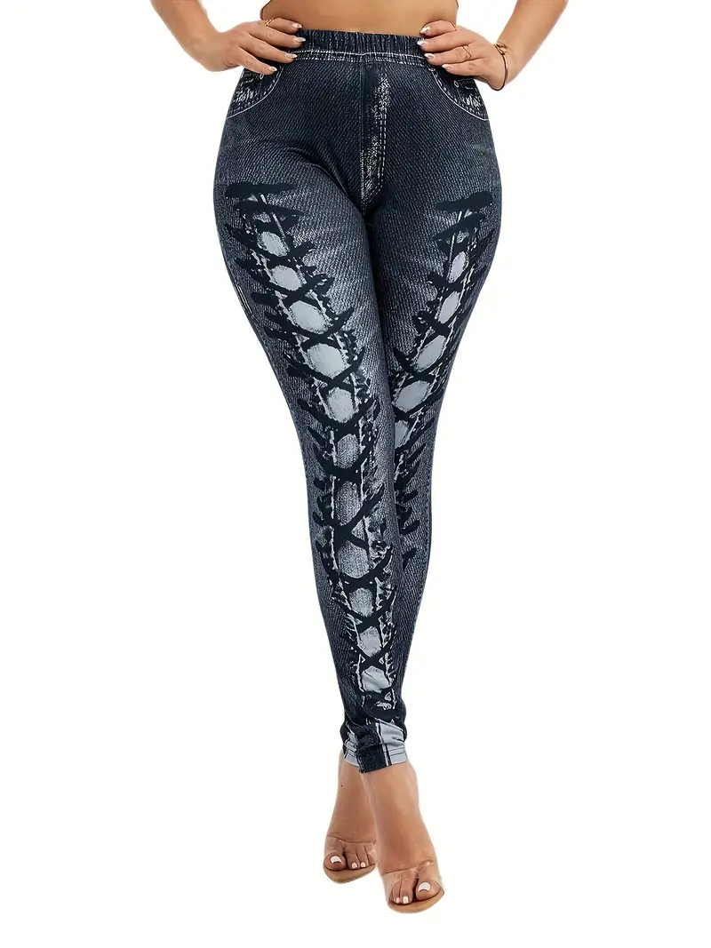 Leggings d'entraînement taille haute en faux denim imprimé, leggings skinny extensibles décontractés 4 Leggings d'entraînement taille haute en faux denim imprimé, leggings skinny extensibles décontractés – Image 3