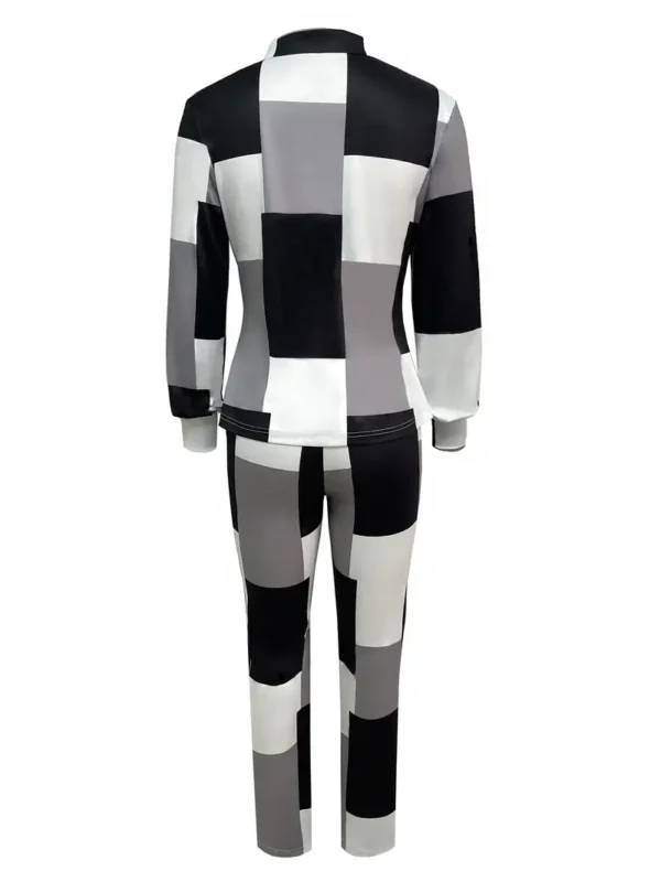 Ensemble deux pièces décontracté à imprimé géométrique, hauts à manches longues zippés et pantalons longs, vêtements pour femmes – Image 3