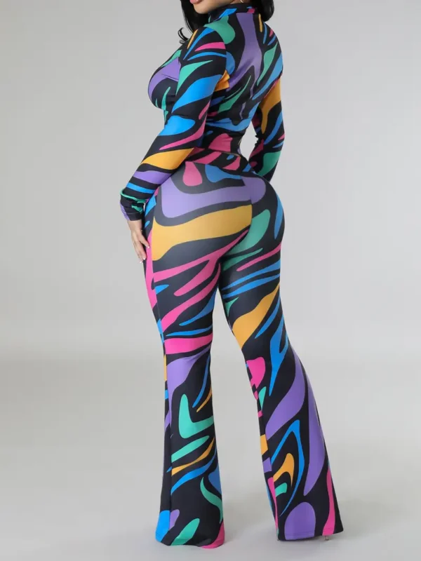 Ensemble pantalon décontracté à imprimé intégral, vêtements d'extérieur à manches longues et à taille haute avec pantalon évasé, vêtements pour femmes – Image 3