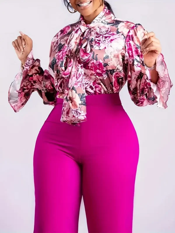 Ensemble pantalon décontracté à imprimé intégral, vêtements d'extérieur à manches longues et à taille haute avec pantalon évasé, vêtements pour femmes – Image 3