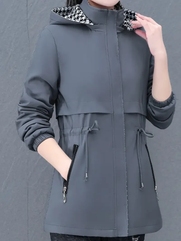 Veste coupe-vent à capuche zippée, veste décontractée à manches longues avec cordon de serrage à la taille et poches zippées pour le printemps et l'automne, vêtements pour femmes – Image 3